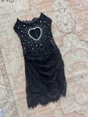 Handmade Black Lace Corset Dress with Rhinestone Heart Cutout